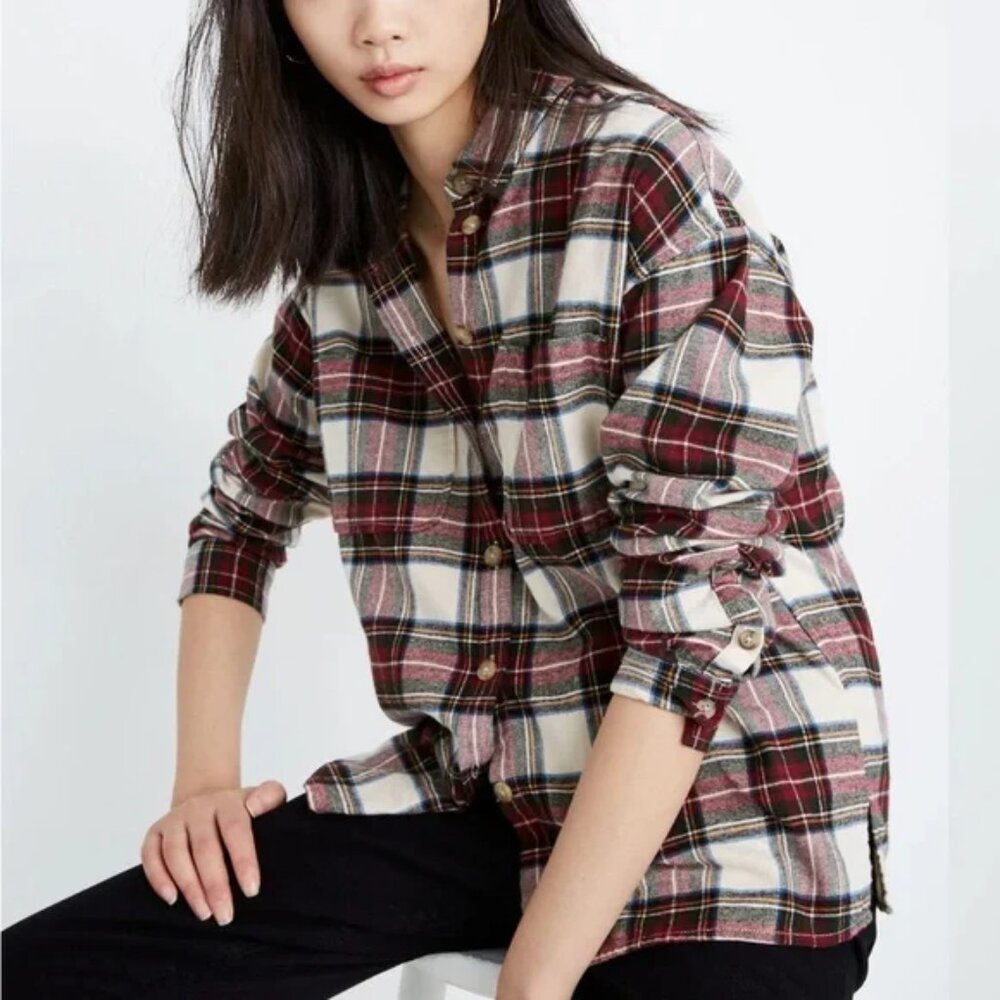 Madewell Flannel Oversized Ex-Boyfriend Shirt in White Maroon Tartan Plaid Small